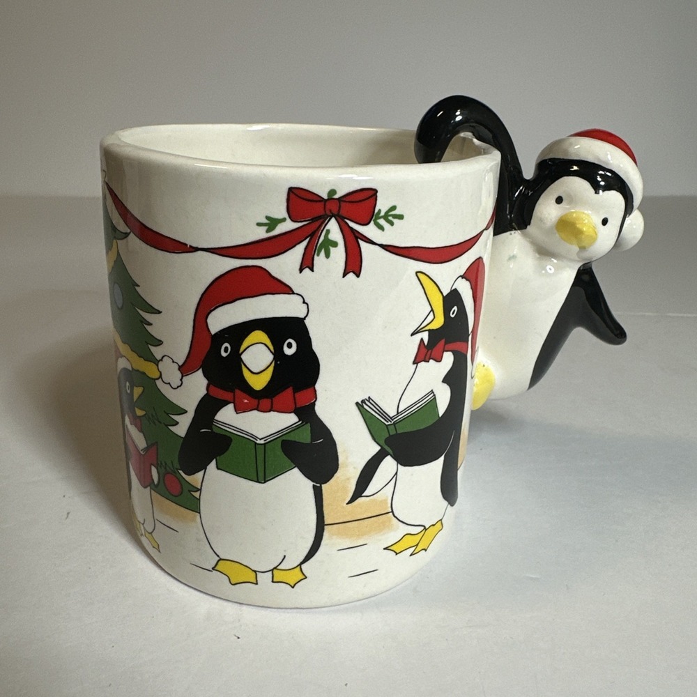 Vtg. Christmas Love Mug Ceramic Coffee Penguin In Santa Cap 3D Penguin Handle